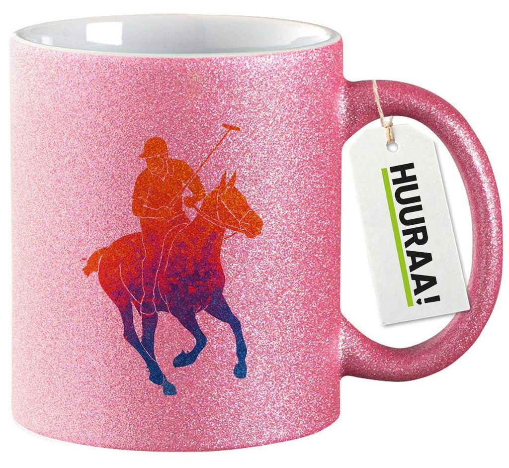 Huuraa Glitzertasse Polo Spieler bunte Silhouette 330ml Pink Keramik Kaffeebecher Geschenkidee