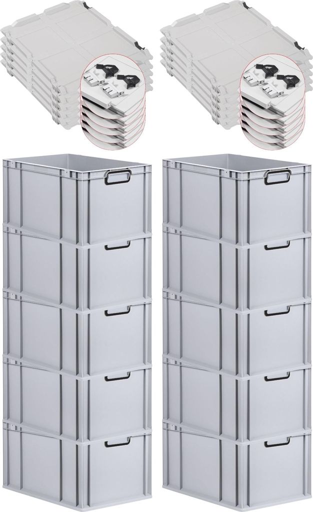 SuperSparSet 10x Eurobox NextGen Color mit Scharnierdeckel und Schiebeschnappverschlüssen | HxBxT 32x40x60cm | 65 Liter | Grau | Griffe schwarz ge...