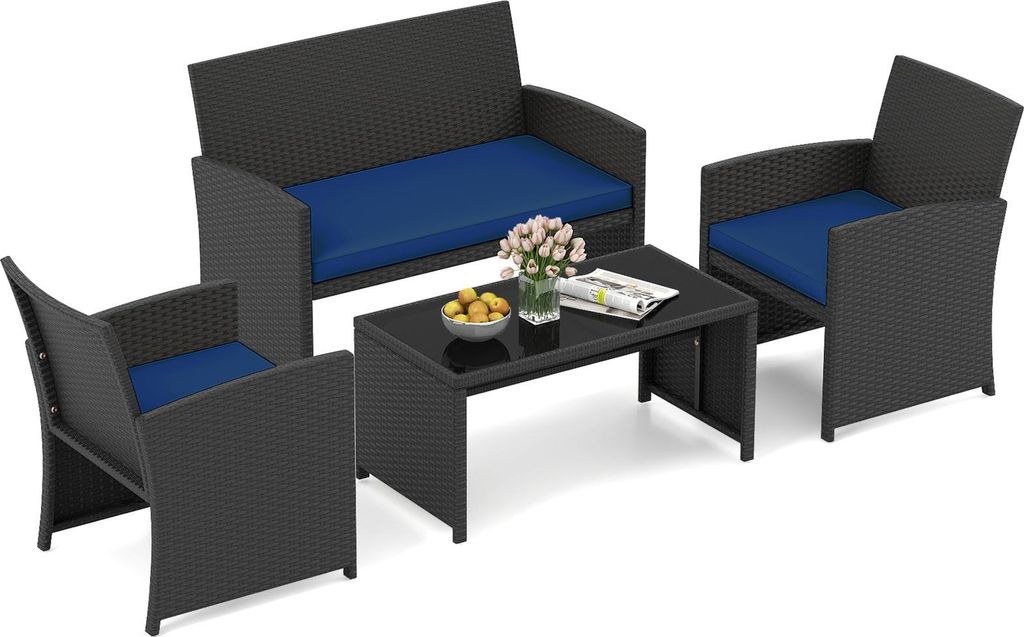 COSTWAY Polyrattan Gartenmöbel Set, Outdoor Lounge Möbel, Sitzgruppe mit 2 Stühlen, Bank, Tisch & Kissen, Terrassenmöbel, Gartengarnitur Blau