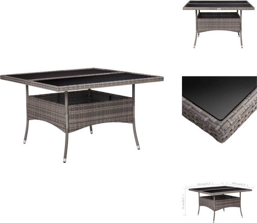 vidaXL Garten-Esstisch Grau Poly Rattan und Glas - Gartentische