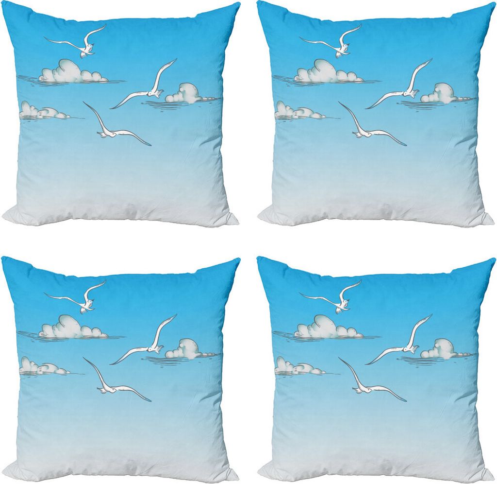 ABAKUHAUS Seagulls Kissenbezug Set (4 Stück), Möwen fliegen Ombre Himmel, Moderner Doppelseitiger Digitaldruck, 40 cm x 40 cm, Weiß Blau
