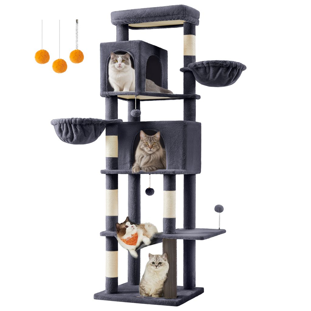 A multi-level cat tree with several cats on it, against a white background.