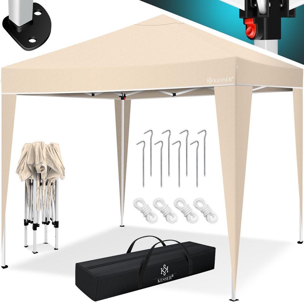 A beige pop-up gazebo with accessories laid out around it.