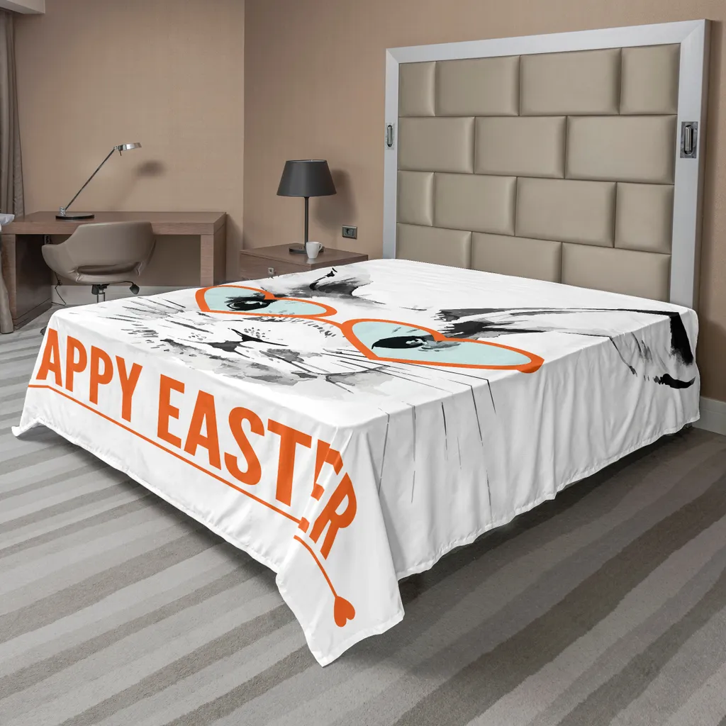 ABAKUHAUS Buona Pasqua Lenzuolo, coniglietti acquerellati e bicchieri a forma di cuore, morbido e confortevole lenzuolo superiore per un letto decorativo 1 pezzo 275 cm x 260 cm, arancione bruciato grigio scuro