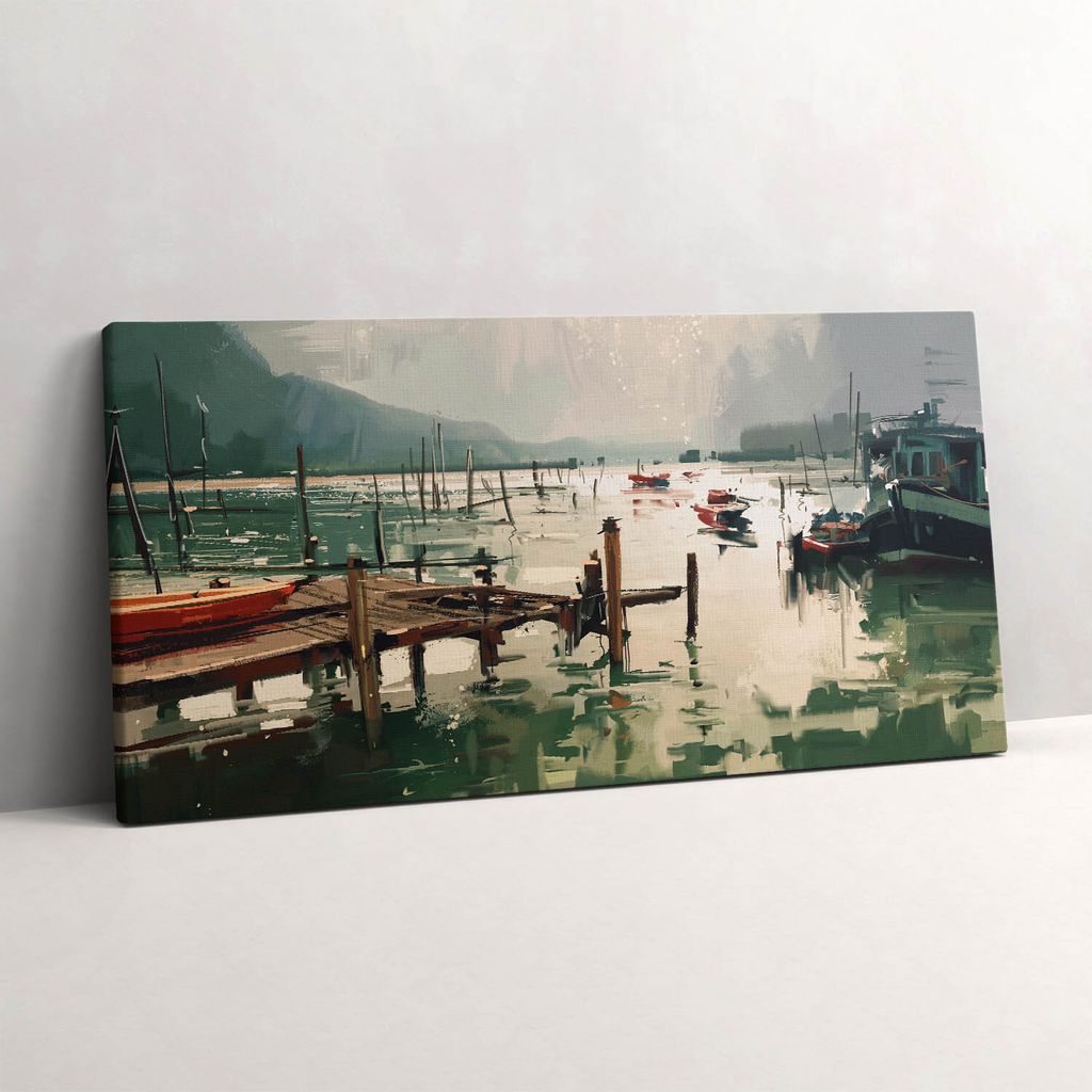 Digitale Illustration von Fischerbooten im Hafen – Leinwandbild Wandbild – 120x60 cm – Leinwandbilder – Wandbilder – Schlafzimmer – Flur