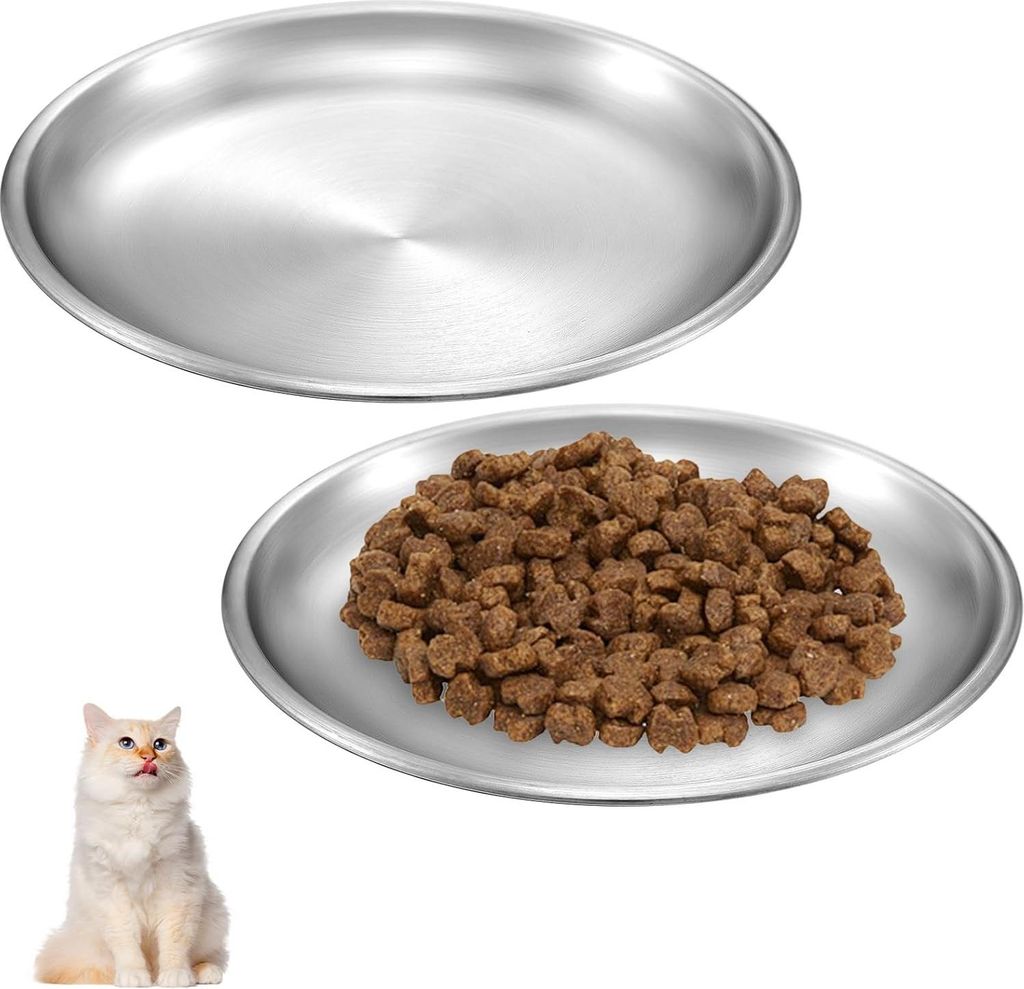 2 Stück Katzenfutterstation - flach aus rostfreiem Stahl - Futternäpfe aus rostfreiem Stahl - 14 cm - flacher Futternapf - Katze - Futternäpfe f...