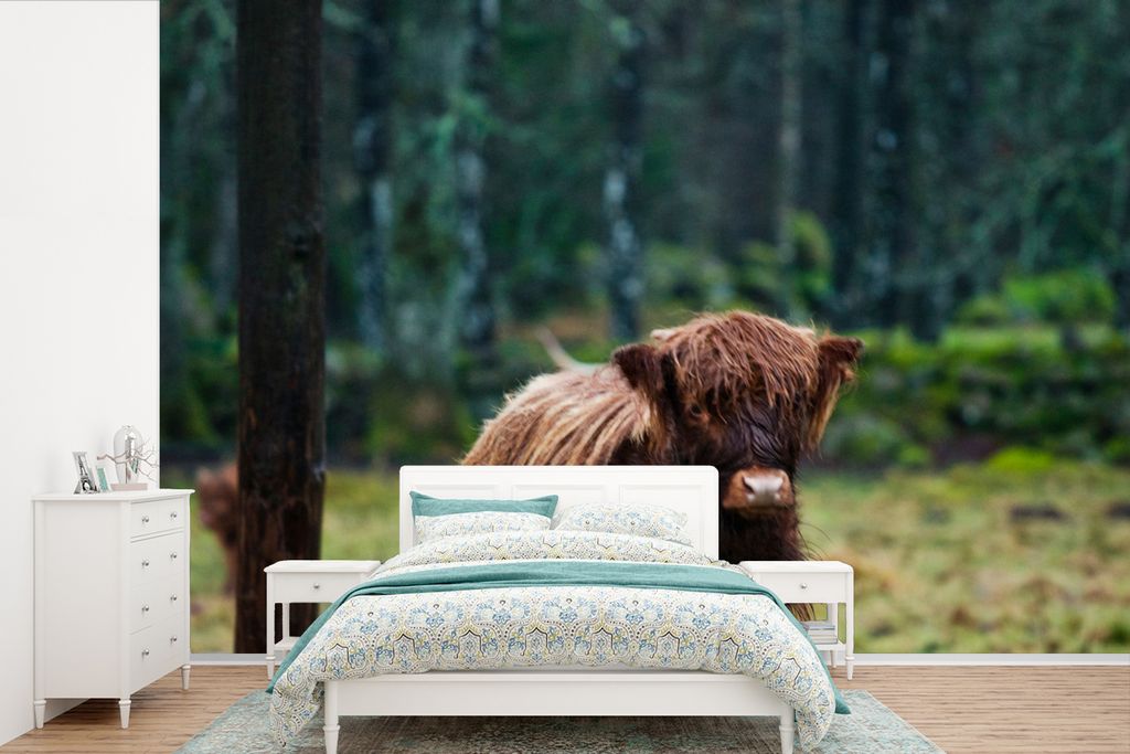 MuchoWow Fototapete für Wohnzimmer oder Schlafzimmer Wandtapete Vinyl Motivtapete Schottischer Hochländer - Wald - Moos - 330x220 cm - Fototapeten