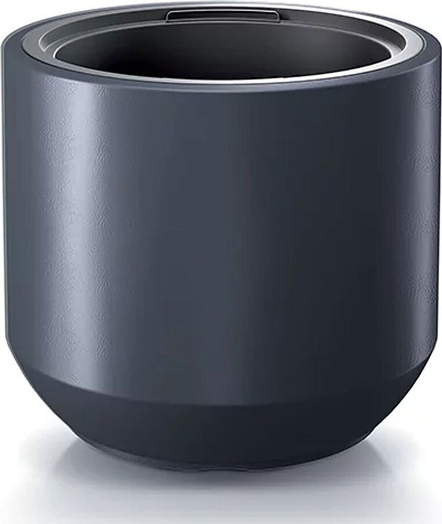 A dark gray planter with a smooth surface and an elevated tapered base is shown against a white background.