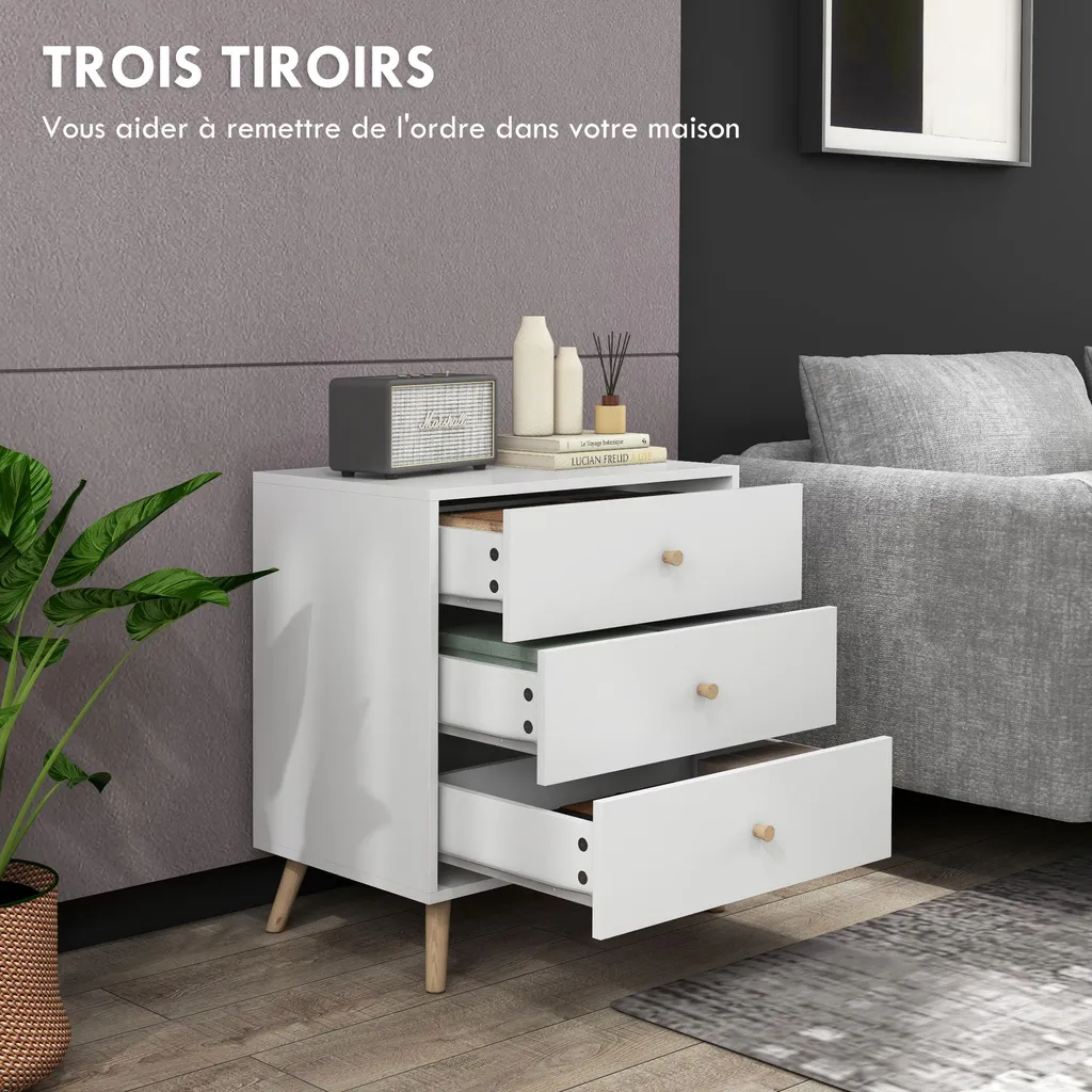 Petite commode 3 tiroirs gain de place blanche et bois - Solution rangement - 6