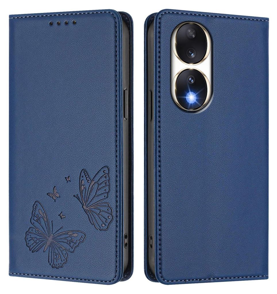 Lederhülle für Honor 90, Schmetterling Prägung Leder Brieftasche Schutzhülle mit Ständer Dunkelblau