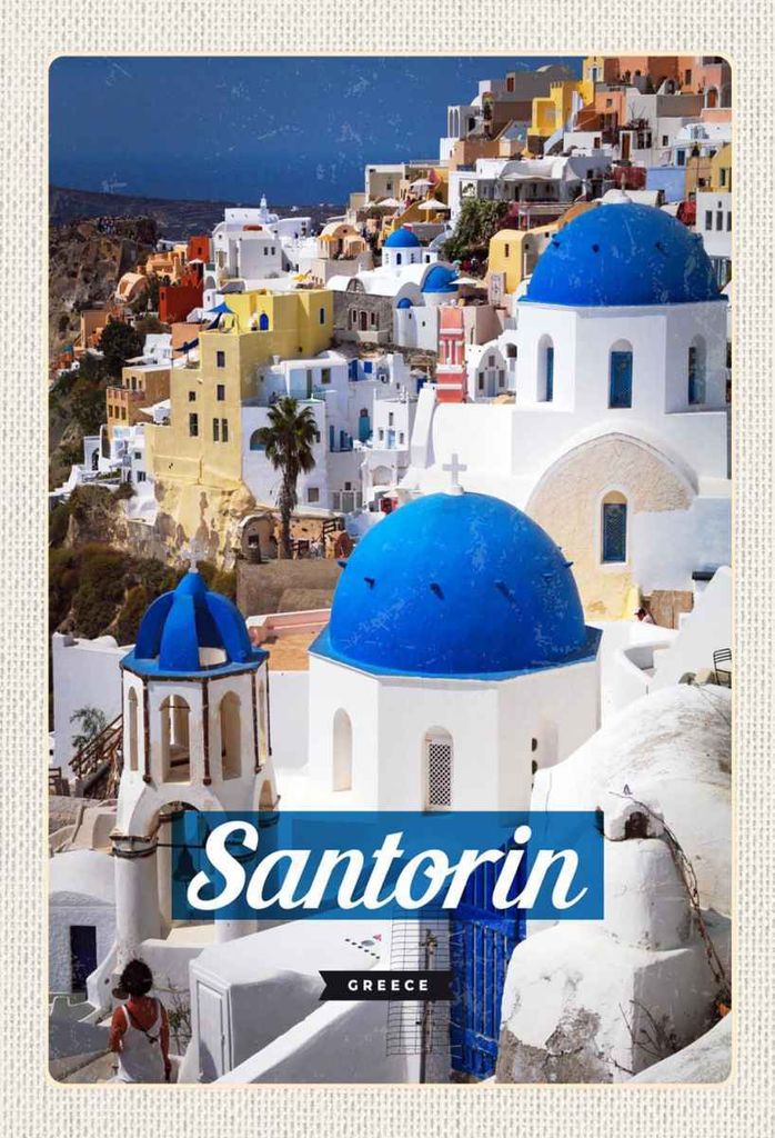 vianmo Holzschild 30x20 cm Santorini Greece Stadt weiß blau Bildmotiv Reisemotiv Abenteuer Reisen