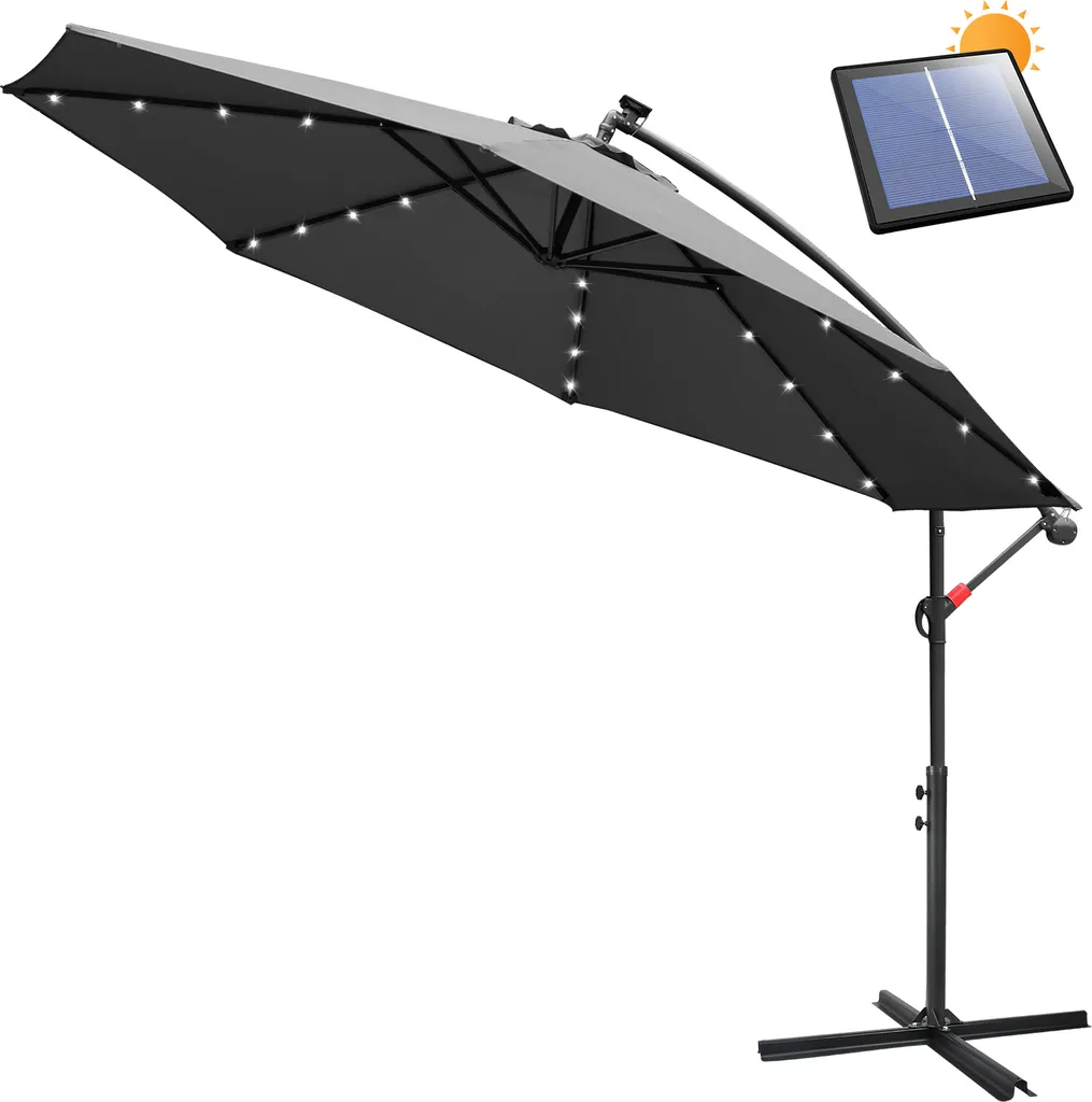 Ombrellone Clanmacy Ombrellone a braccio laterale 3,5 m con LED, protezione UV, manovella - Grigio Ombrellone da giardino Ombrellone da mercato Manovella Balcone