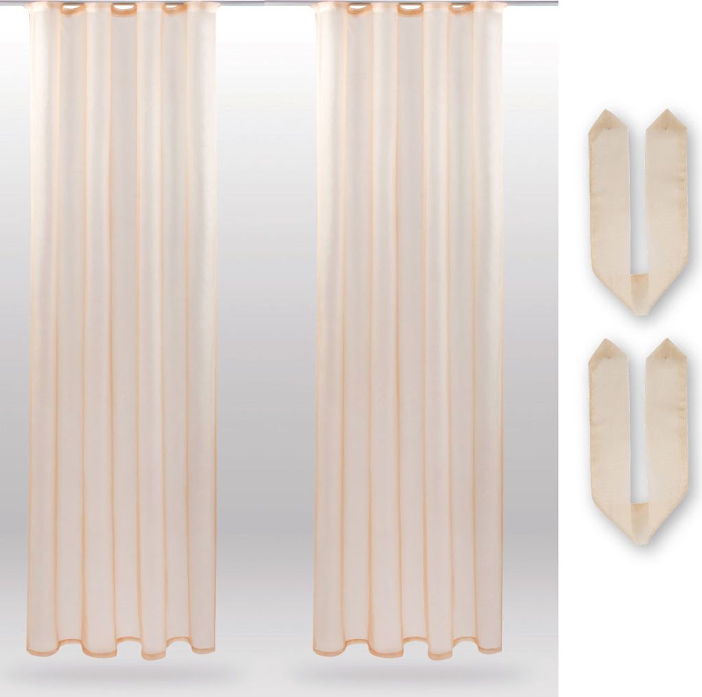 2er Pack Gardine (+ Raffhalter) Transparent Noella Universalband, Größe: 140 x 145cm (Beige)
