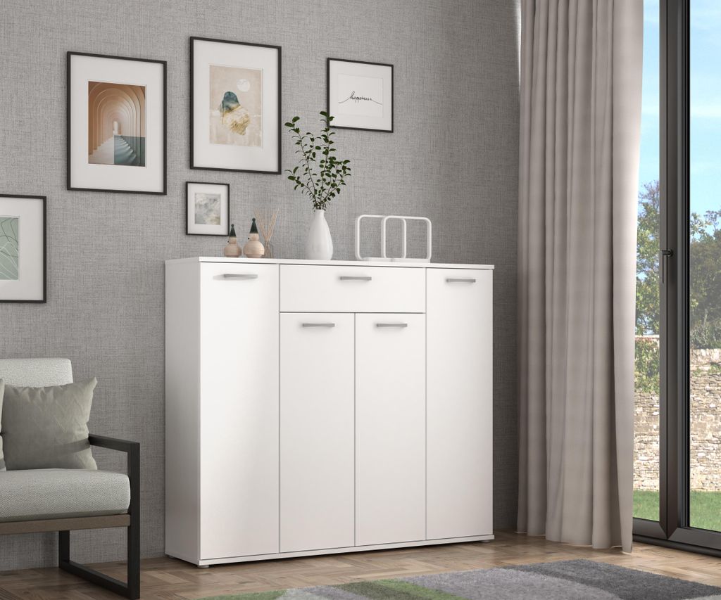 Forte ANTUZA Sideboard 140, modernes Sideboard, 4-türig, 1 Schublade, Holzwerkstoff, Wohn-/Esszimmer, Weiß, 139,3 cm breit x 120,7 cm hoch x 34,1...