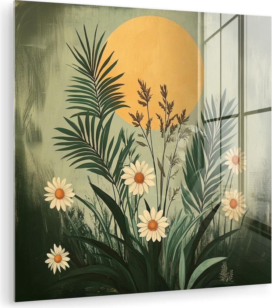 MuchoWow Glasbilder - Bilder auf Wandbild - Foto auf Glas Blumen - Blätter - Sonne - Grün 50x50 cm Wanddekoration aus Glas - Acrylglasbild - Acry...