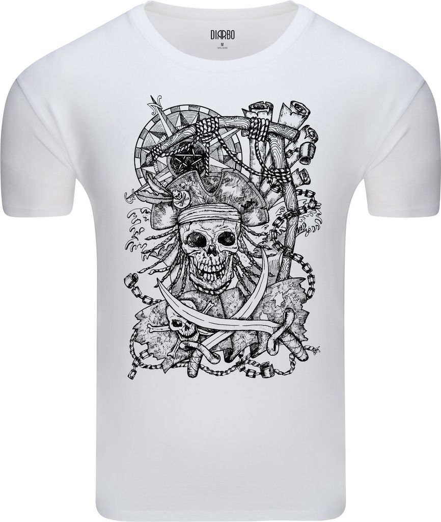 Diarbo Herren T-Shirt mit Gruseliger Druck Piratenschädel Weiß Gr.XL