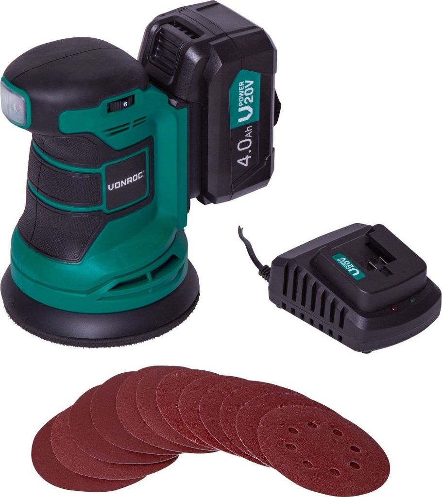 Vonroc Exzenterschleifer - 20V - Inkl. 4.0Ah Akku und Ladegerät - Ø125mm - Mit Staubbeutel & 12 Stück Schleifpapier