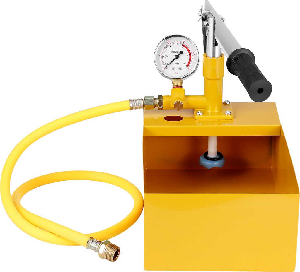 A yellow hydrostatic test pump with a pressure gauge and a yellow hose is shown against a white background.
