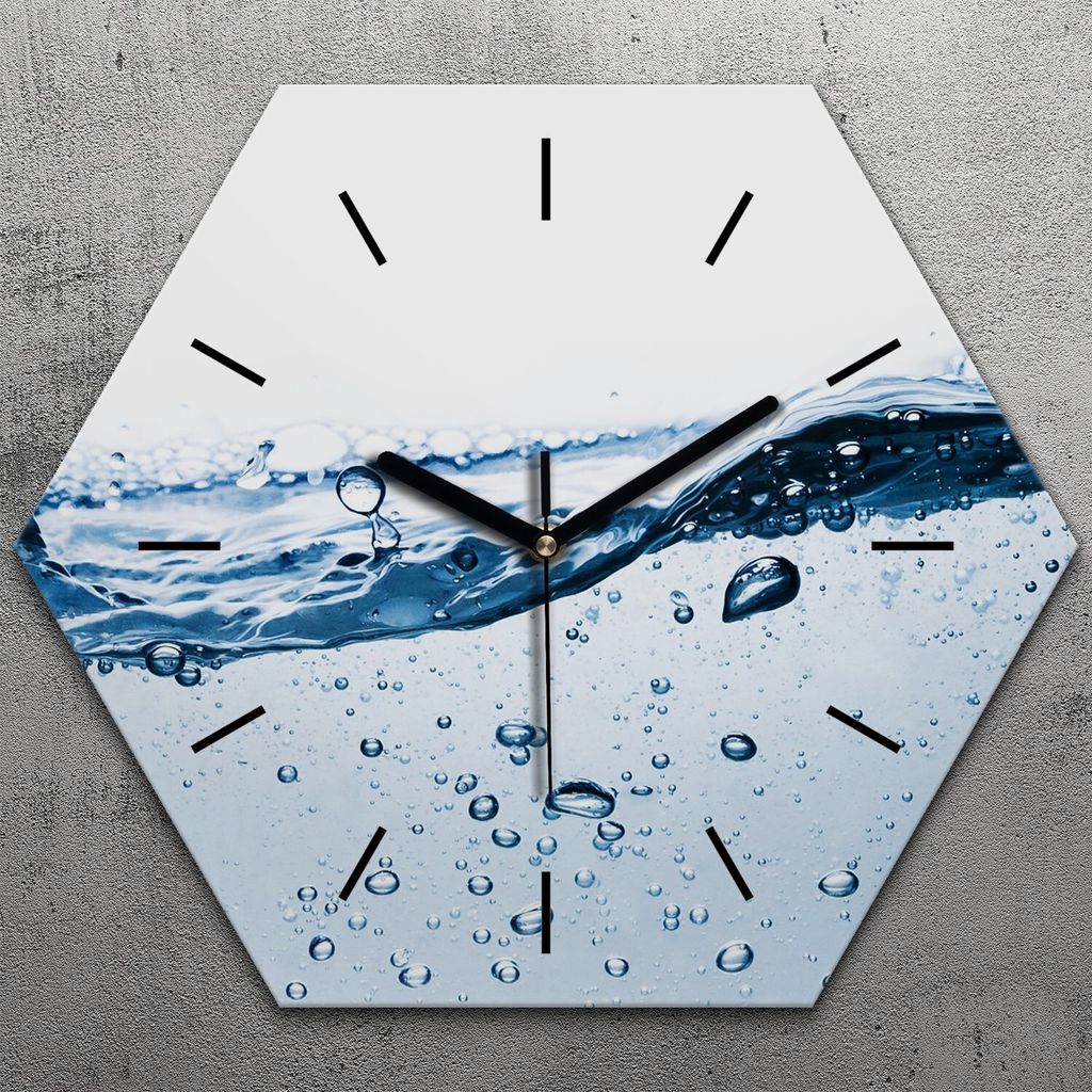 Uhr hexagonal 40 cm Glas Geräuschlos schwarze Zeiger - Spritzen Wasser
