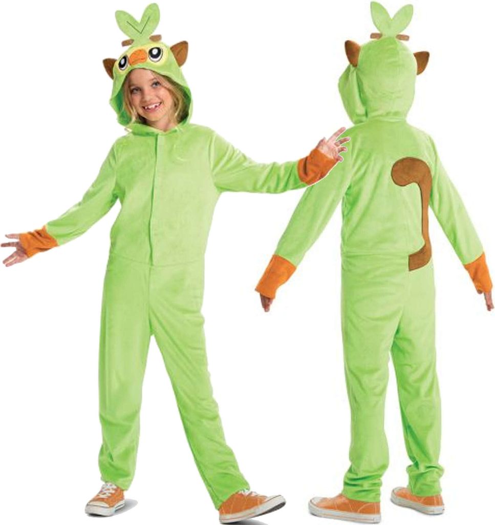 A child wearing a Pokemon Grookey costume, shown from the front and back.