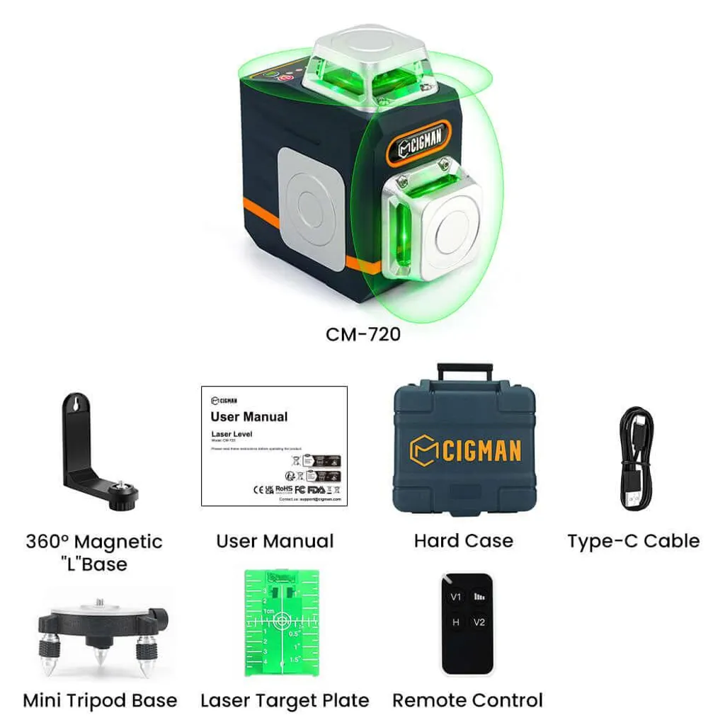 CIGMAN CM720 Niveau Laser Vert 2x360° avec Télécommande Haute Précision - 8