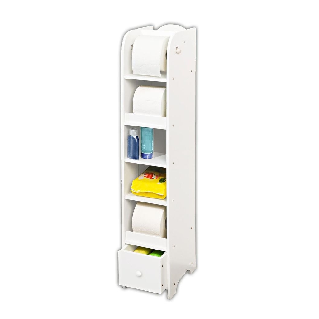 WC Rollen Papier Regal Holz Mit Schublade Weiß Klopapierhalter Toilettenregal Mit 4 Ablagen WC Toilette Schrank Badregal Freistehend