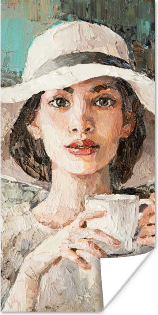 MuchoWow Poster Gemälde - Ölfarbe - Frau - Kaffee - Hut 75x150 cm - Dekoration für die Wände