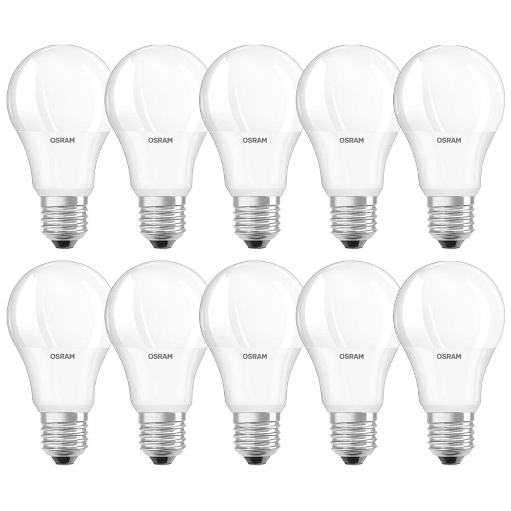 A group of ten white LED light bulbs arranged in two rows on a white background.