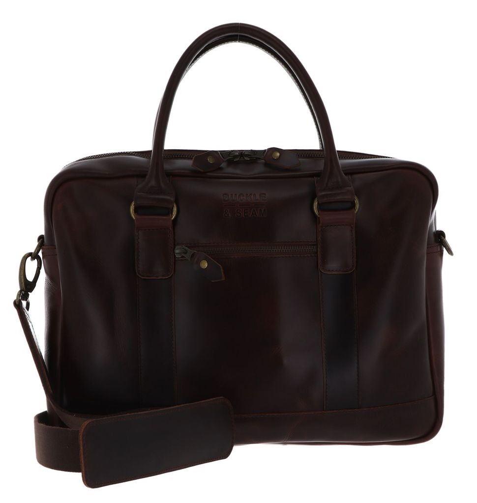 BUCKLE & SEAM Leder Businesstasche Laptoptasche mit Laptopfach Everett Stripes Business Bag Brown dunkelbraun