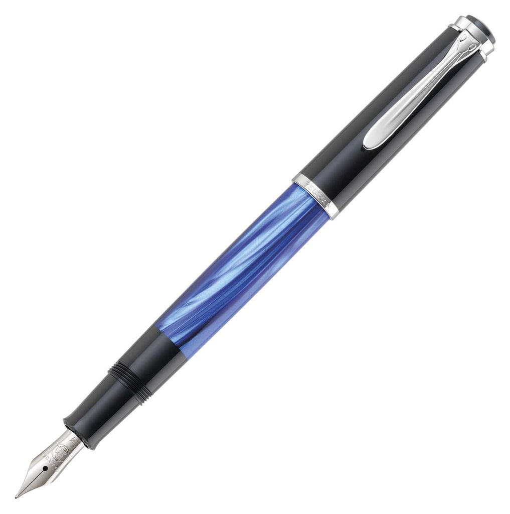 Pelikan M205, Schwarz, Blau, Marmorfarbe, Silber, Integriertes Befüllsystem, Harz, Kursiv nib, Edelstahl, Extrafein