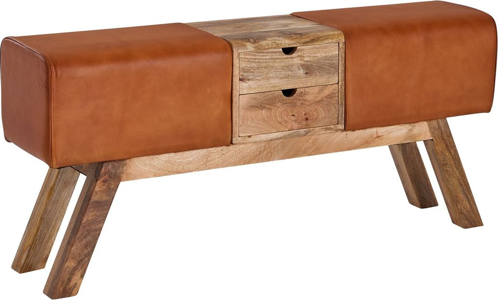 Design Turnbock Sitzbank Braun mit Schubladen 120x56x30 cm | Turnhocker Bank aus Echtleder mit Stauraum | Hocker Garderobenbank Sitzhocker Springbo...