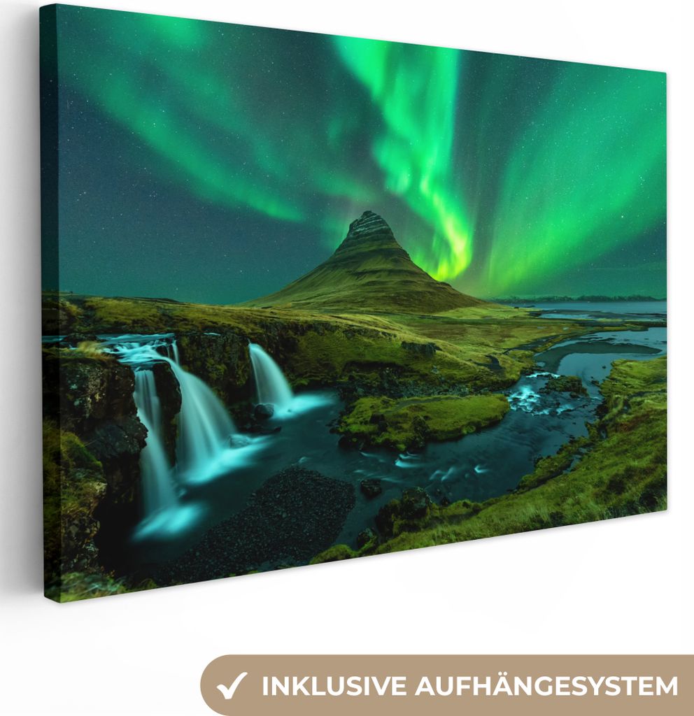 OneMillionCanvasses - Leinwandbilder - 150x100 cm, Nordlichter - Wasserfall - Berg - Island, Wandbilder Kunstdruck Wanddekoration