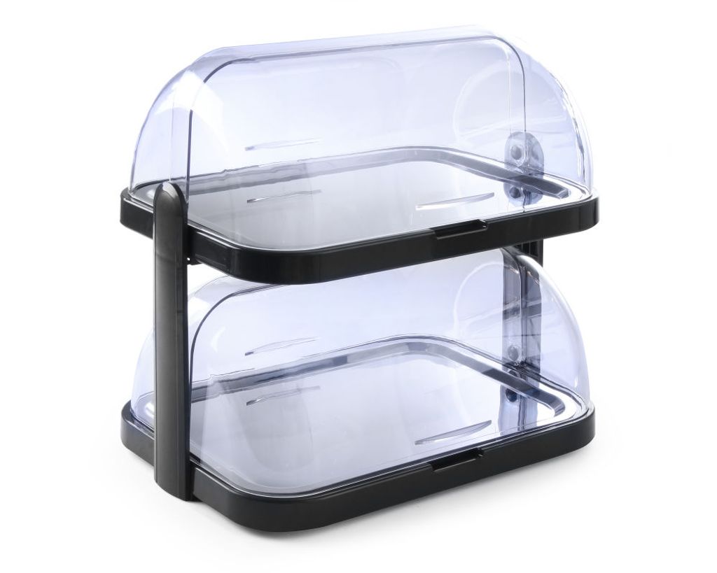 A two-tier display case with clear plastic domes and black bases, presented against a white background.