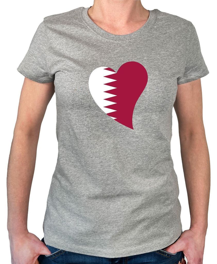 Huuraa Damen T-Shirt Katar Flagge Herz XXL Sport Grey Bio Baumwolle Fairtrade Damenshirt Geschenkidee