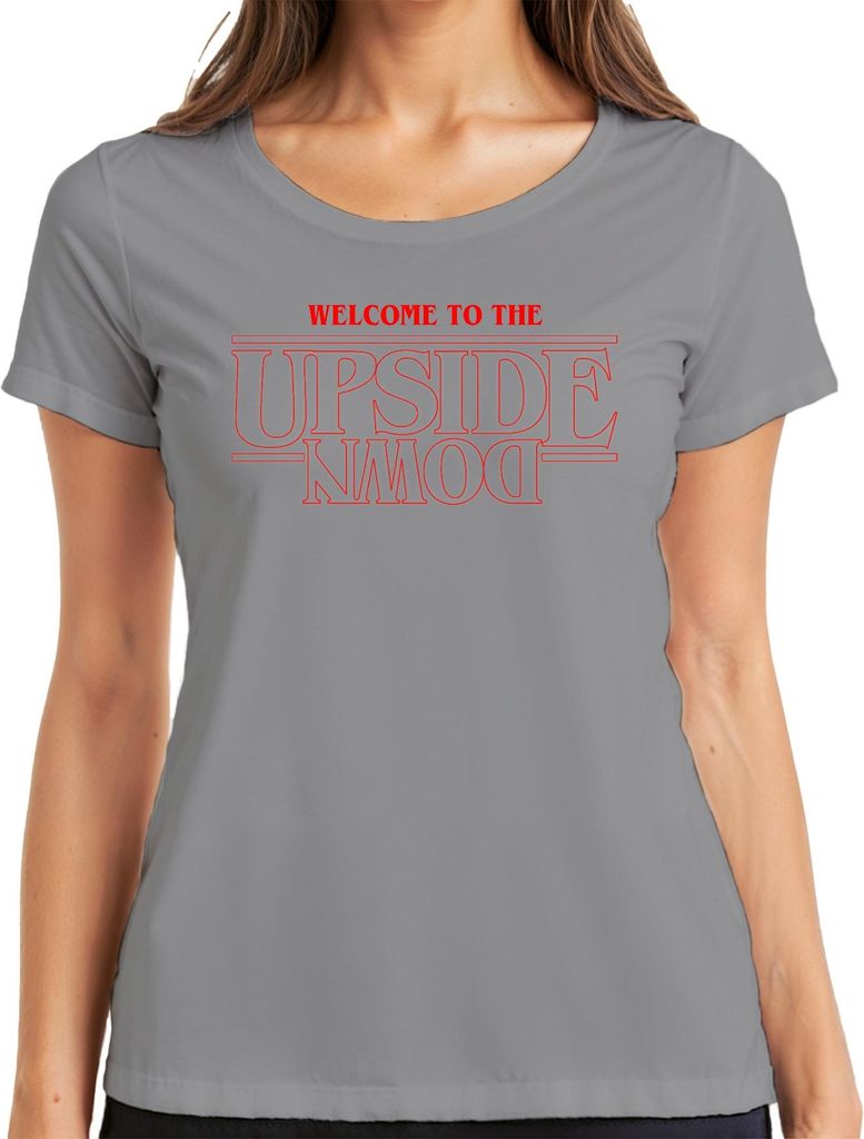 WELCOME TO THE UPSIDE DOWN Stranger Horror 80s Retro Demogorgon Damen T-Shirt, Grau, L