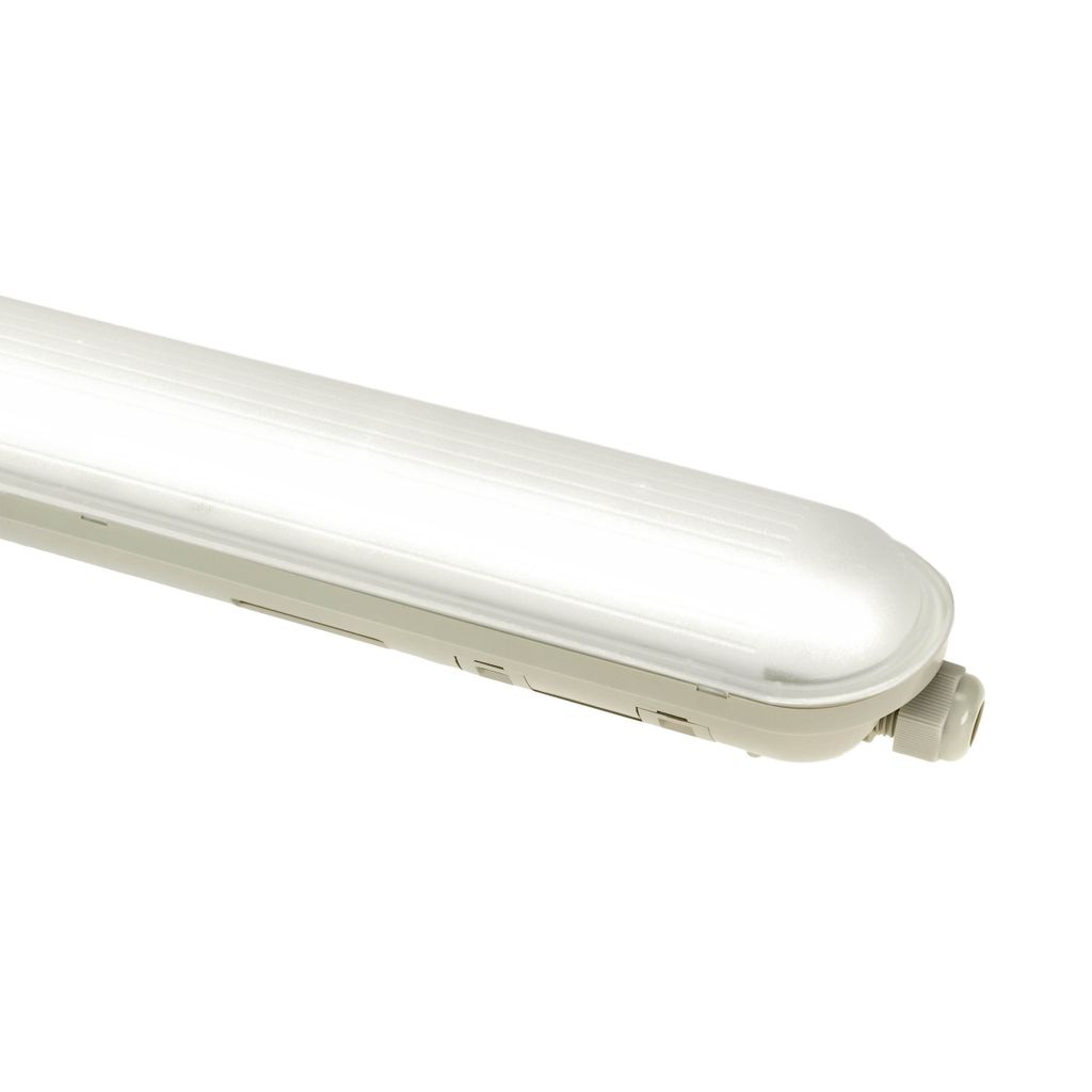 A close-up, angled view of a white and gray LED ceiling light fixture against a white background.
