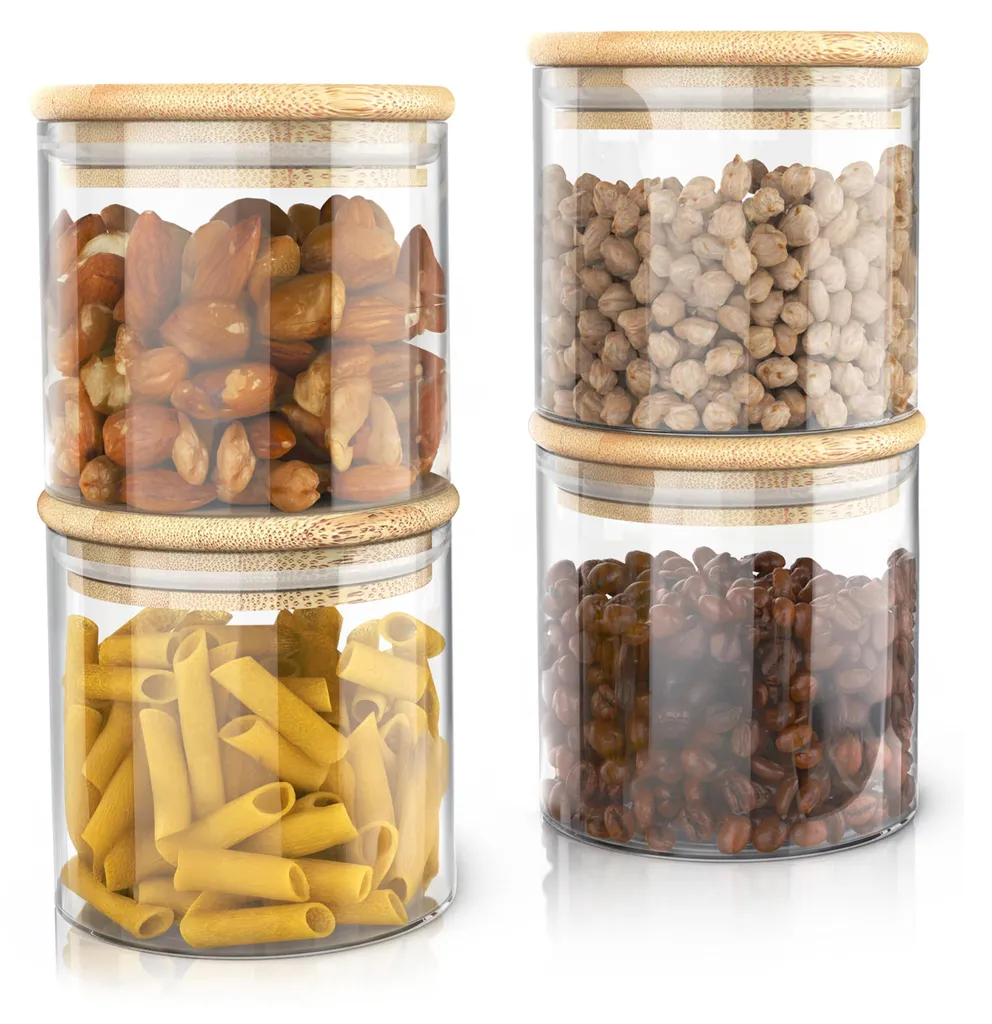 Arendo Set 4 Barattoli Vetro Borosilicato 0,75L con Coperchio in Bambù
