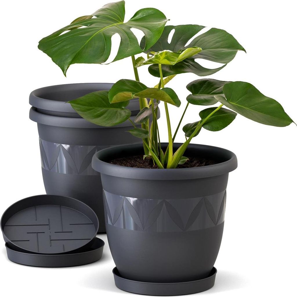 Plastard Blumentopf 3er Set Ø30 cm mit Untersetzer Anthrazit - Pflanzkübel