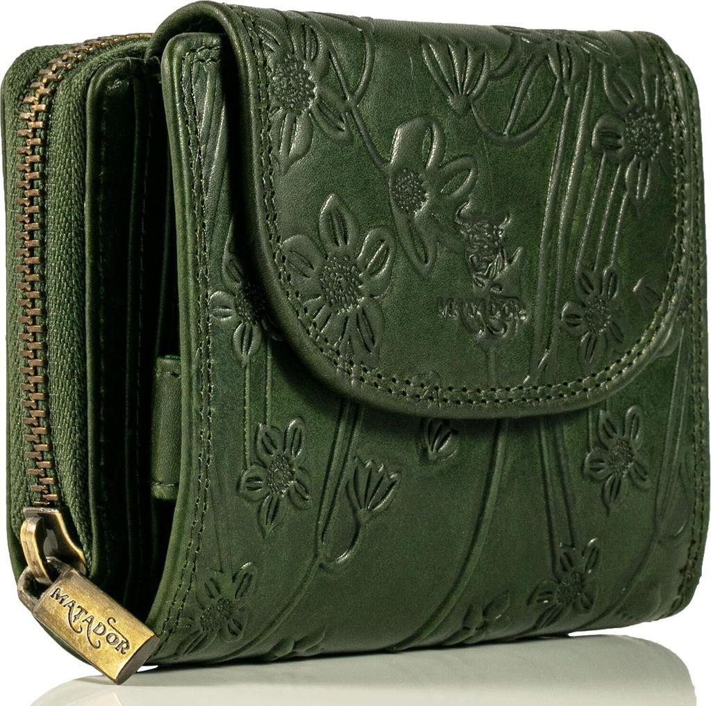 Damen Geldbörse | Echt Leder Portmonnaie | Frauen Brieftasche | er RFID Schutz | 14 Kartenfächer Damen Geldbörse Blumenprägung GRÜN