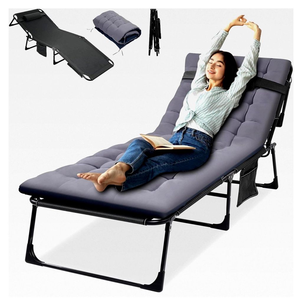 Klappbare Sonnenliege, Tragbare Gartenliege, Unterstützung bis 200 kg, 4-fach verstellbare Rückenlehne, Strandliege mit Matratze, Kopfstütze und...