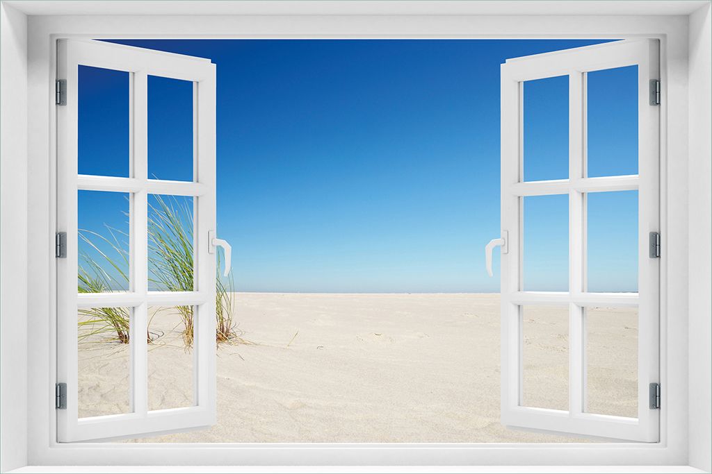 Wallario Wandbild aus Acryl, 60 x 90 cm, freischwebende Optik - Sandstrand unter blauem Himmel mit Fenster-Illusion