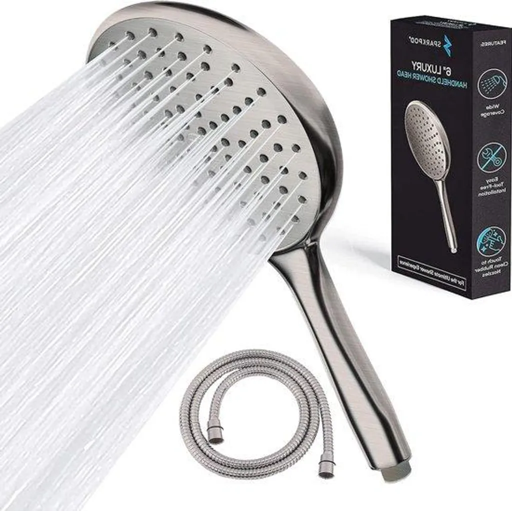 Pommeau de douche XXL design nickel brossé avec barre murale robuste