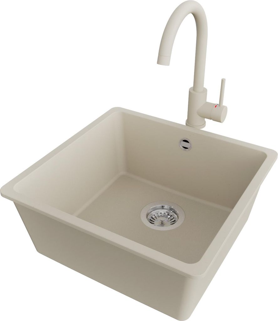 PRIMAGRAN Unterbauspüle Granit Beige 46x44cm, Spülbecken 1 Becken + Küchenarmatur 32x20cm + Ablauf-Set, Granitspüle ab 50er Unterschrank - Vene...