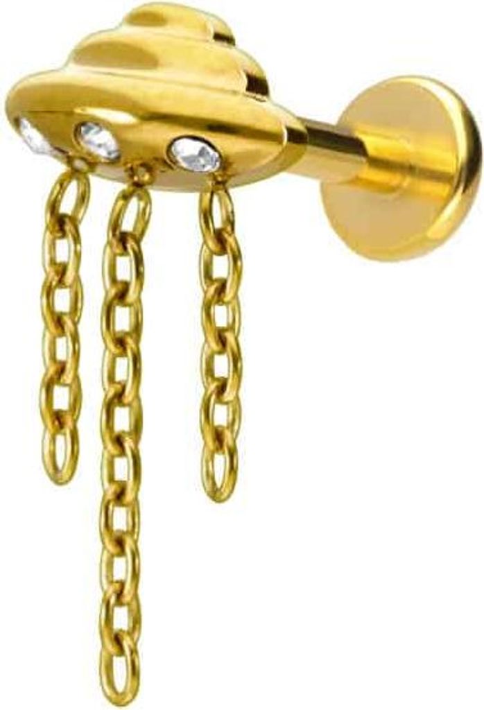 Ohrpiercing, Nasenpiercing Titan Labret mit Push Fit UFO + KETTE + KRISTALLE Gold Stablänge: 6mm | Stabstärke: 1,2mm