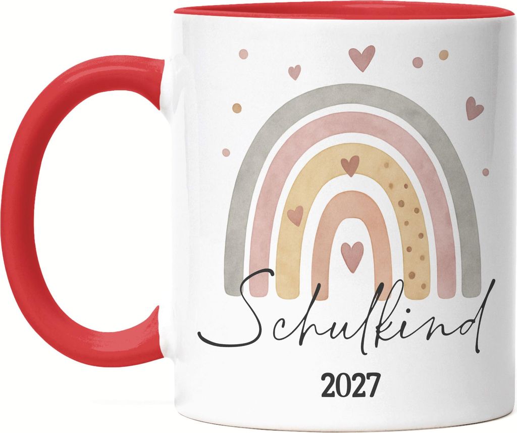 Schulkind 2027 Boho Regenbogen Motiv Tasse Rot Geschenk Einschulung Herz Pastell Vintage Erstklässler
