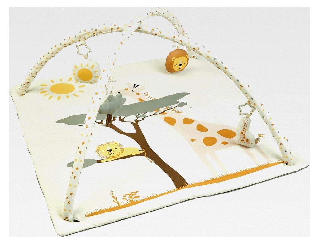 Spielbogen Giraffe & Löwe – weiche Spieldecke mit Druckmotiv – abnehmbare Spielfiguren mit Knisterpapier, Rassel & Quietsche – Baby Activity...