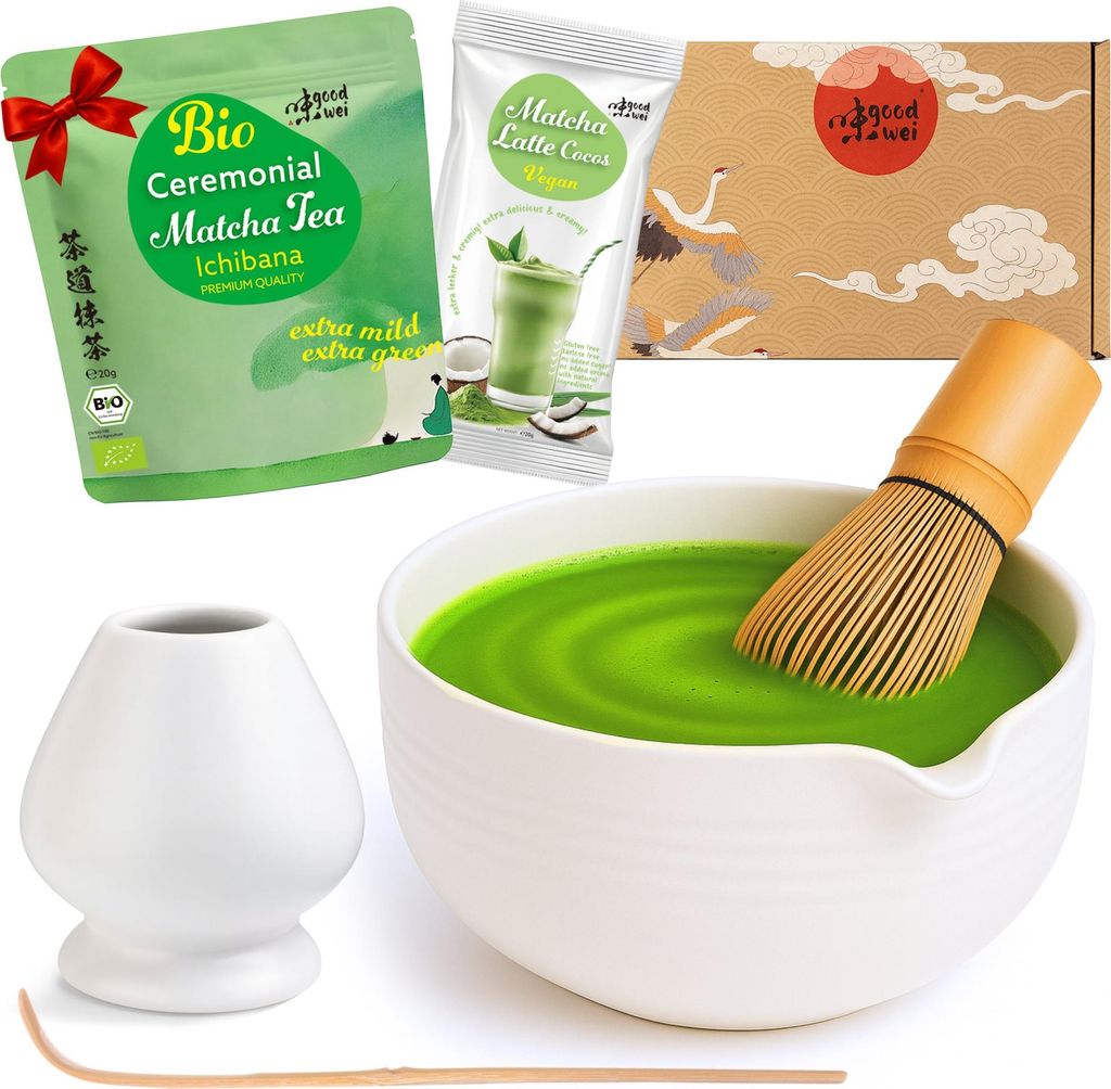 Matcha Latte Set "Camellia White" mit Schale mit Ausgießer, Besen & Matchapulver + Cocos – Komplettset für Latte-Genuss & Teezeremonie