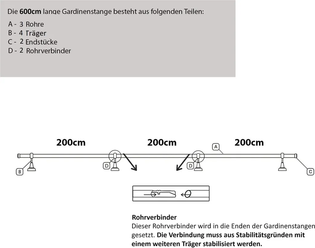 Bastone Per Tende 600 cm Nero Metallo - Asta Singola a Parete Robusta - 5