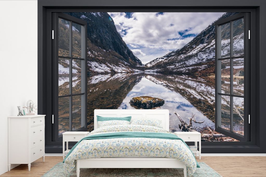 MuchoWow Fototapete für Wohnzimmer oder Schlafzimmer Wandtapete Vinyl Motivtapete Aussicht - Berge - Wasser - 360x240 cm - Vinyl-Tapete