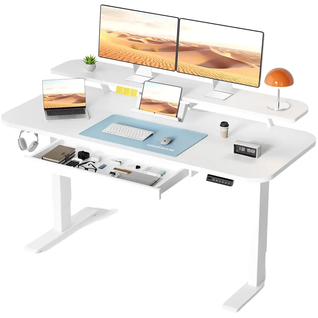 Bureau assis debout avec support écran et mémoire de hauteur ergonomique